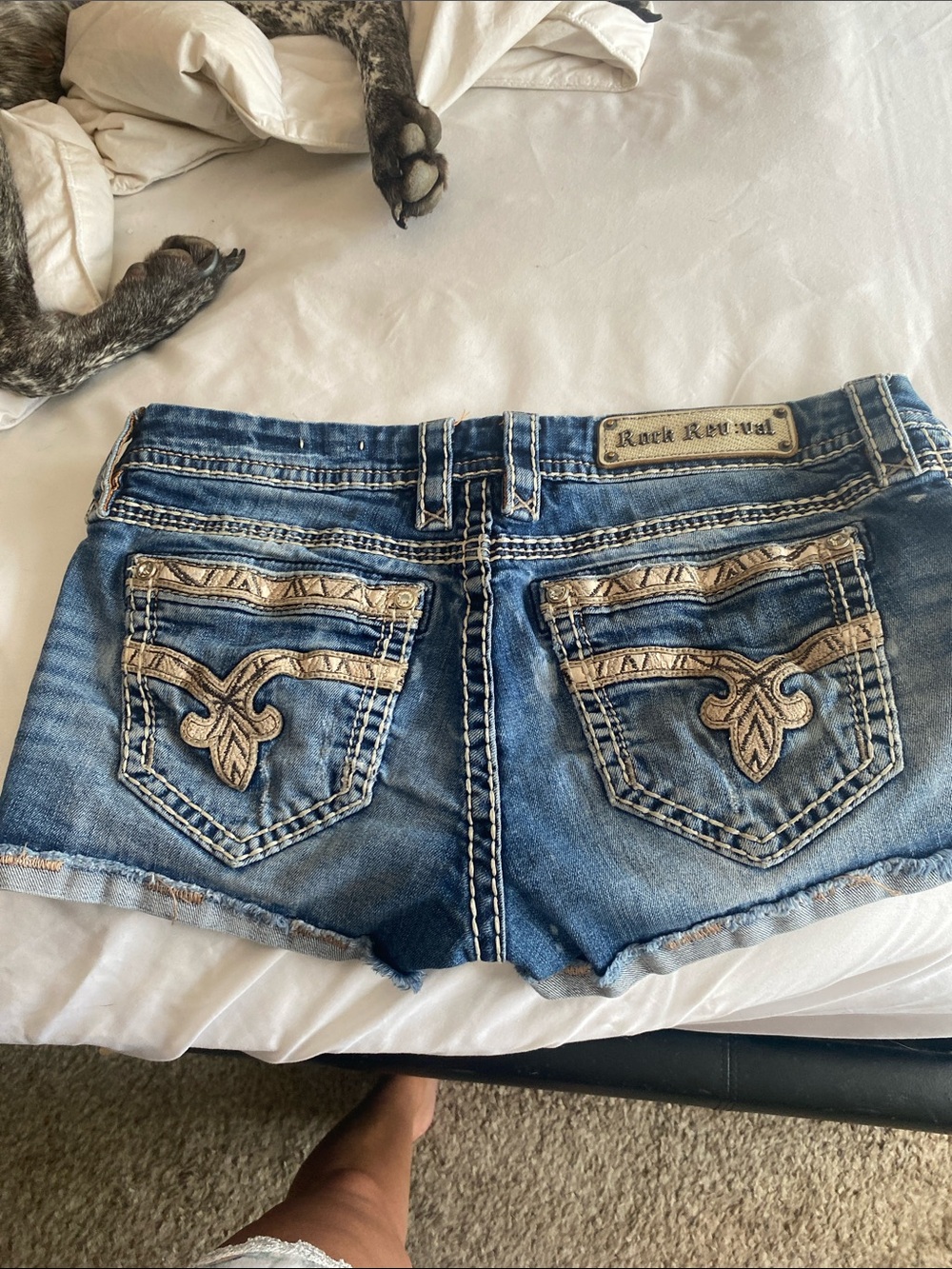 Rock Revival Blue Distressed Denim Jean Shorts with Embroidered Back Pockets